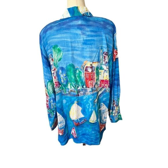 Vintage Saint Germain Coastal Scene Rayon Long Sleeve Blouse w/ Shoulder Pads M - Picture 3 of 8